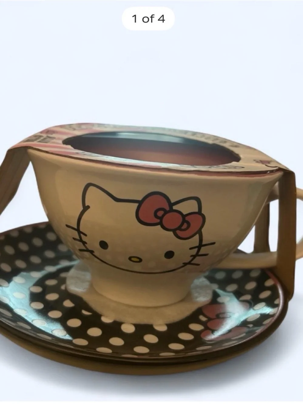 Hello Kitty Black, White & Pink Ceramic Tea Cup with Polka Dot Saucer